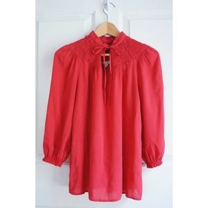 ANTHROPOLOGIE ODILLE sz 0 reddish pink tie neck silky blouse w/ smocked neckline